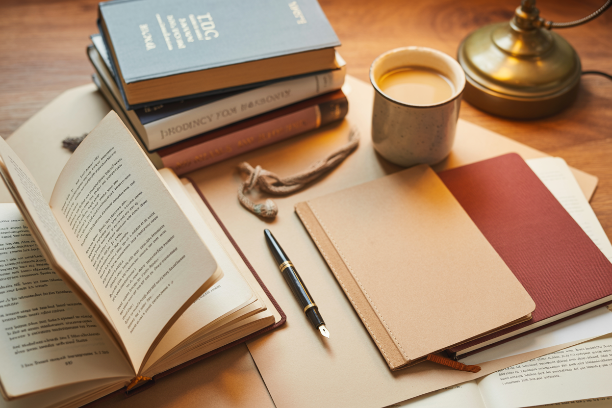 A warm editorial photograph of a writer's workspace — books, a fountain pen, a notebook, and a brass lamp